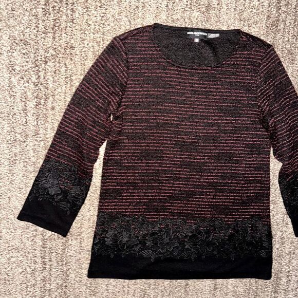 Karl Lagerfeld Paris Tweed Knit Lace Red Black Women's Sweater Top XS - Picture 5 of 11